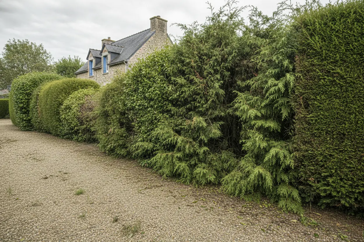 Avant : Abattage de thuya en zone mitoyenne — élagage à Brest