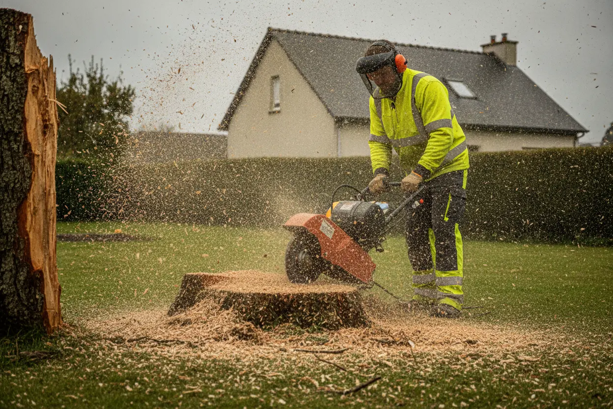 Rogneuse de souche en action dans un jardin résidentiel de Guipavas