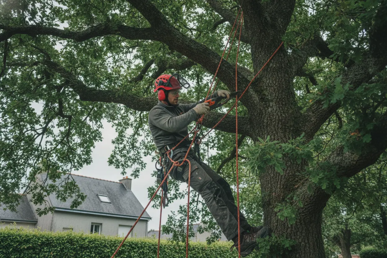 Arboriste grimpeur élaguant un grand chêne à Brest avec cordes et EPI