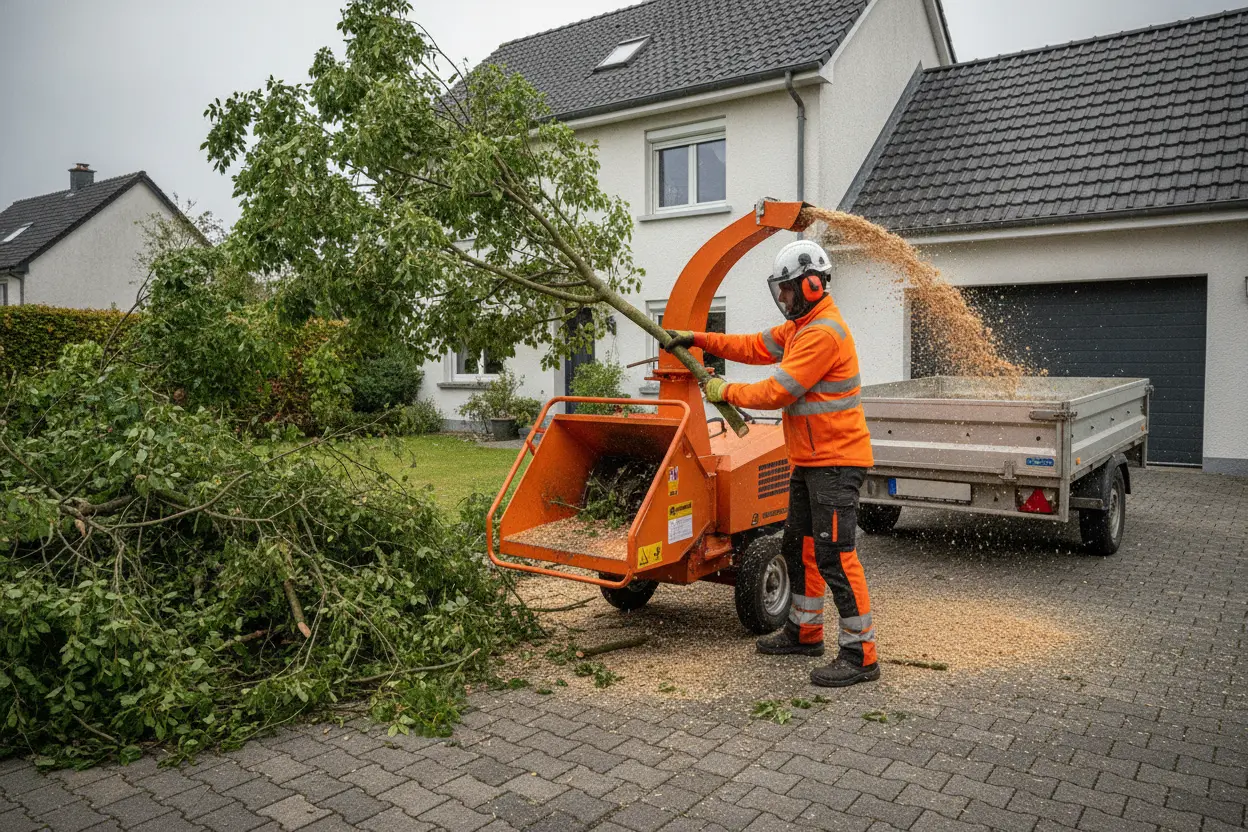 Broyage et ramassage de déchets verts après élagage à Guipavas