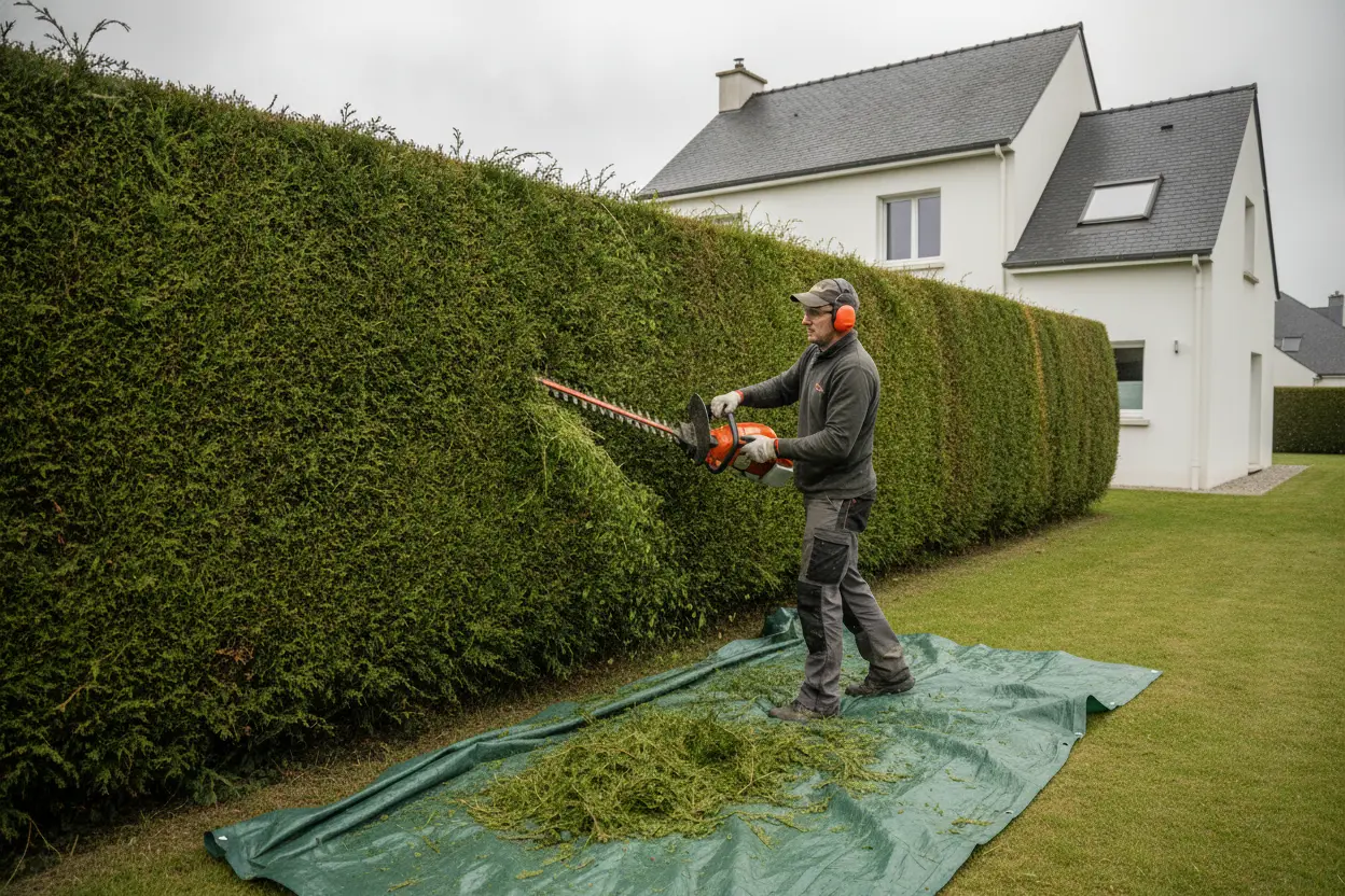 Taille soignée d'une haie de thuyas devant un pavillon à Guipavas
