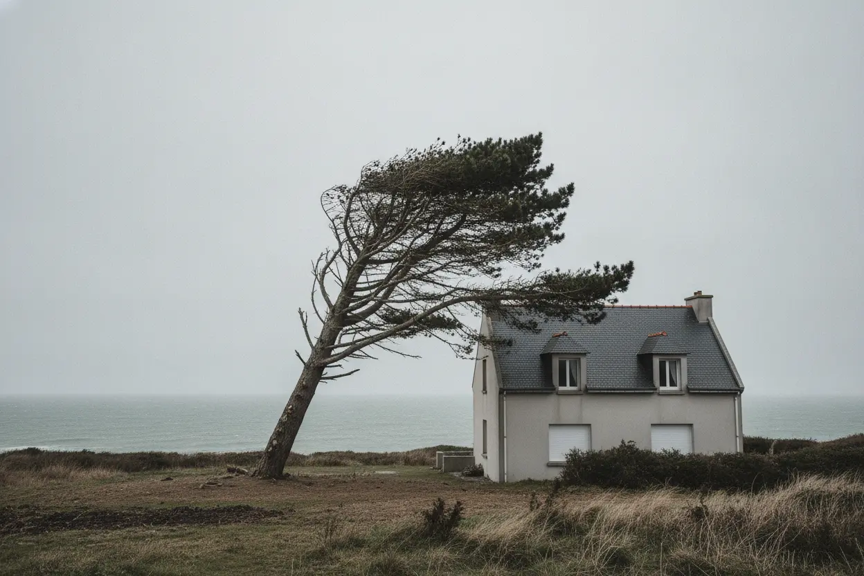 Pin maritime penché vers une habitation à Plouzané avant abattage
